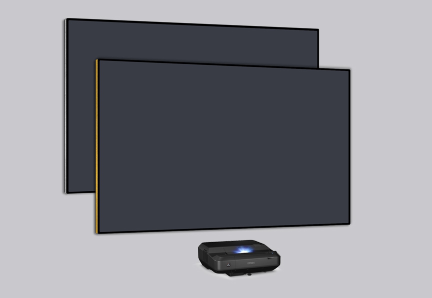 An UST projector placed under the SCREENPRO projector screen