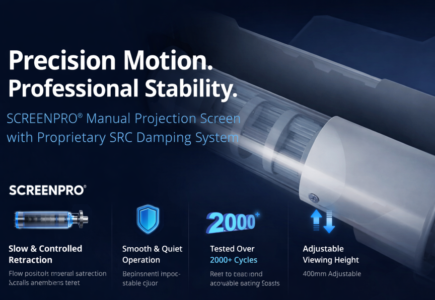 An UST projector placed under the SCREENPRO projector screen