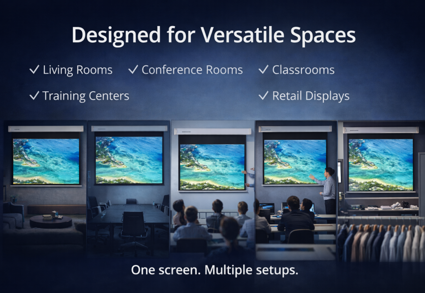 An UST projector placed under the SCREENPRO projector screen