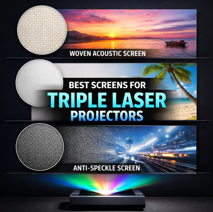 Which screen material has the lowest gain to reduce speckle from my triple laser projector?