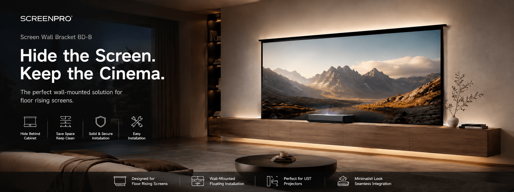 SCREENPRO floor-rising projector screen wall bracket for TV cabinet and wall mounted installation