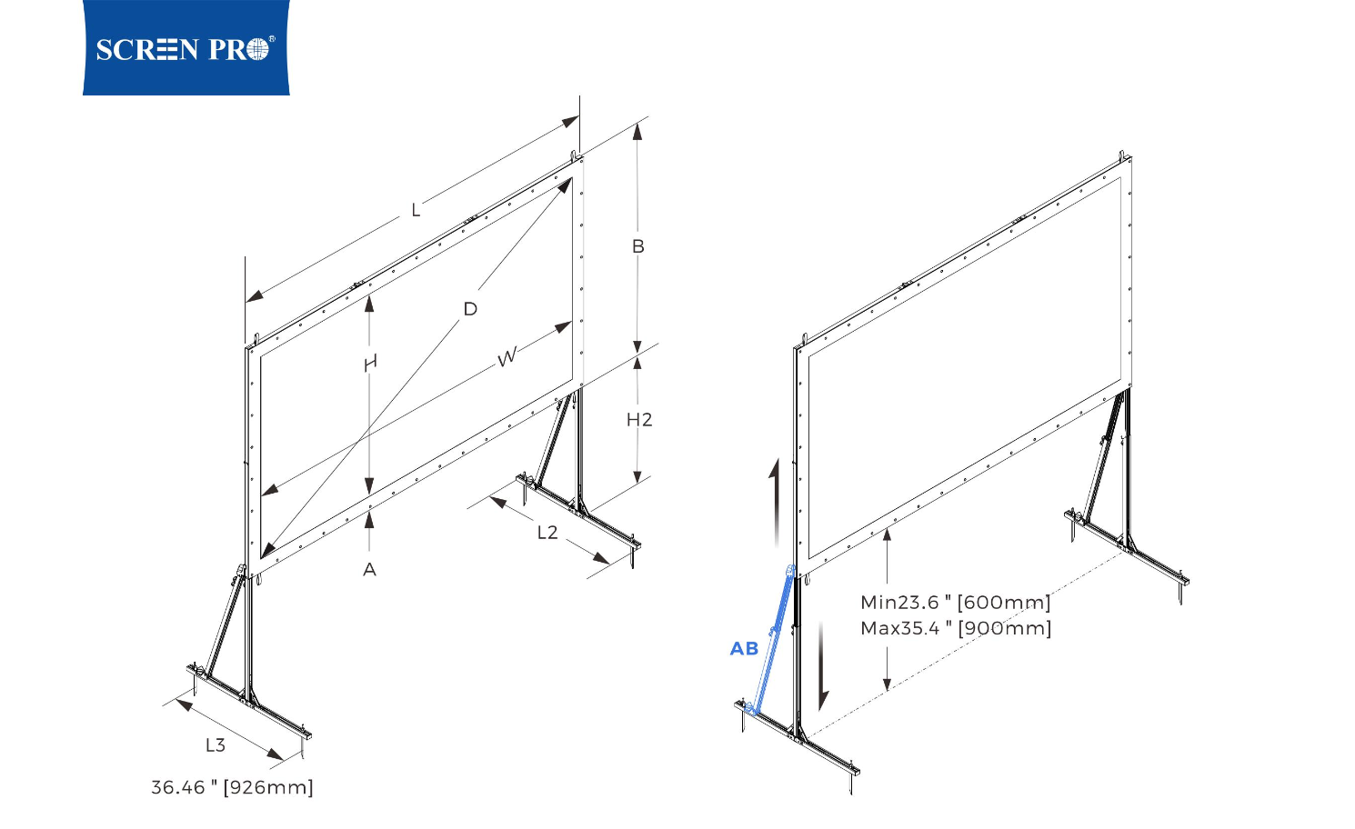 SCREENPRO Quick Fold Screen dimension diagram with adjustable legs