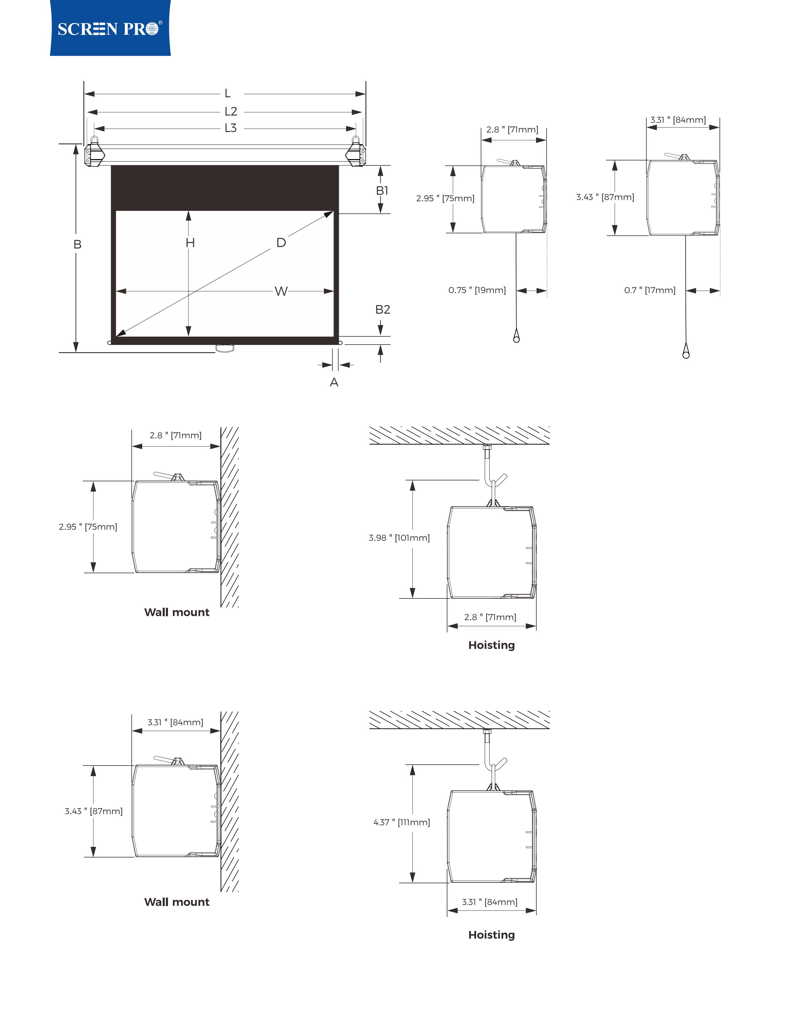 SCREENPRO Portable Manual Pull Down Screen dimension drawing with wall mount and hoisting installation reference