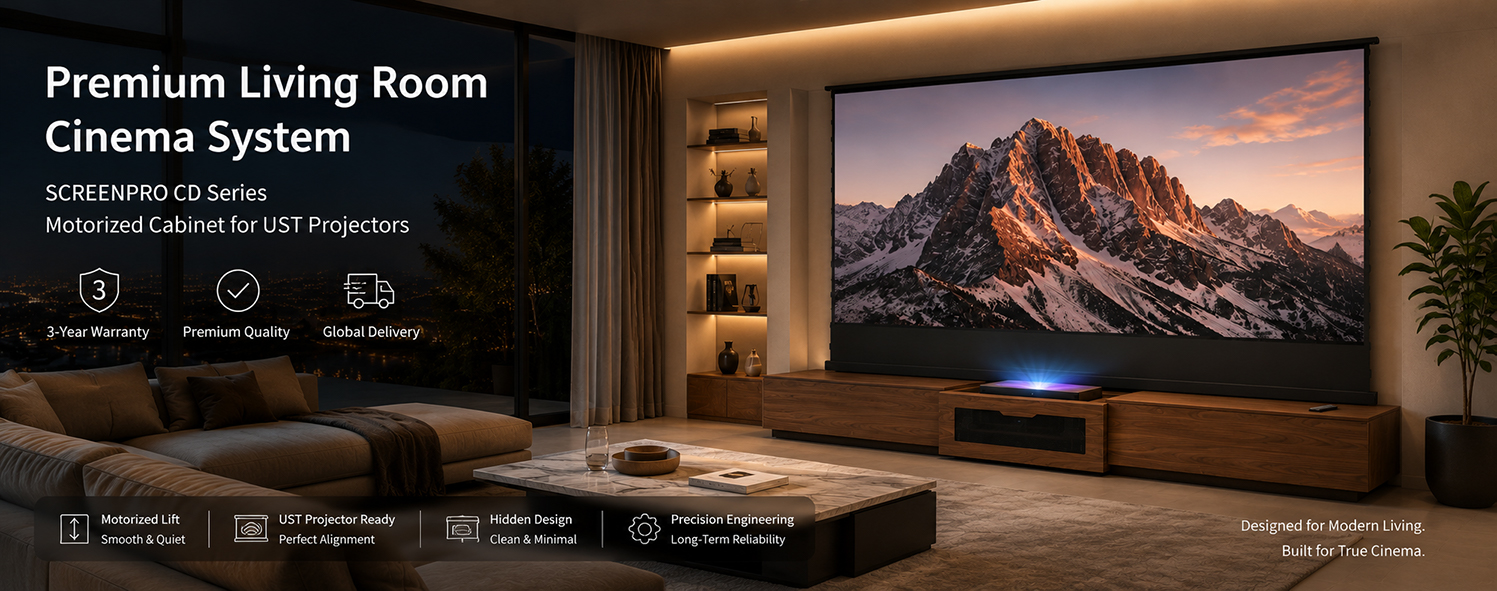 SCREENPRO motorized laser TV cabinet with floor rising UST ALR projector screen