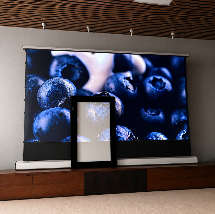 Bright room vs standard projection screen comparison with washed out image and high contrast ALR screen