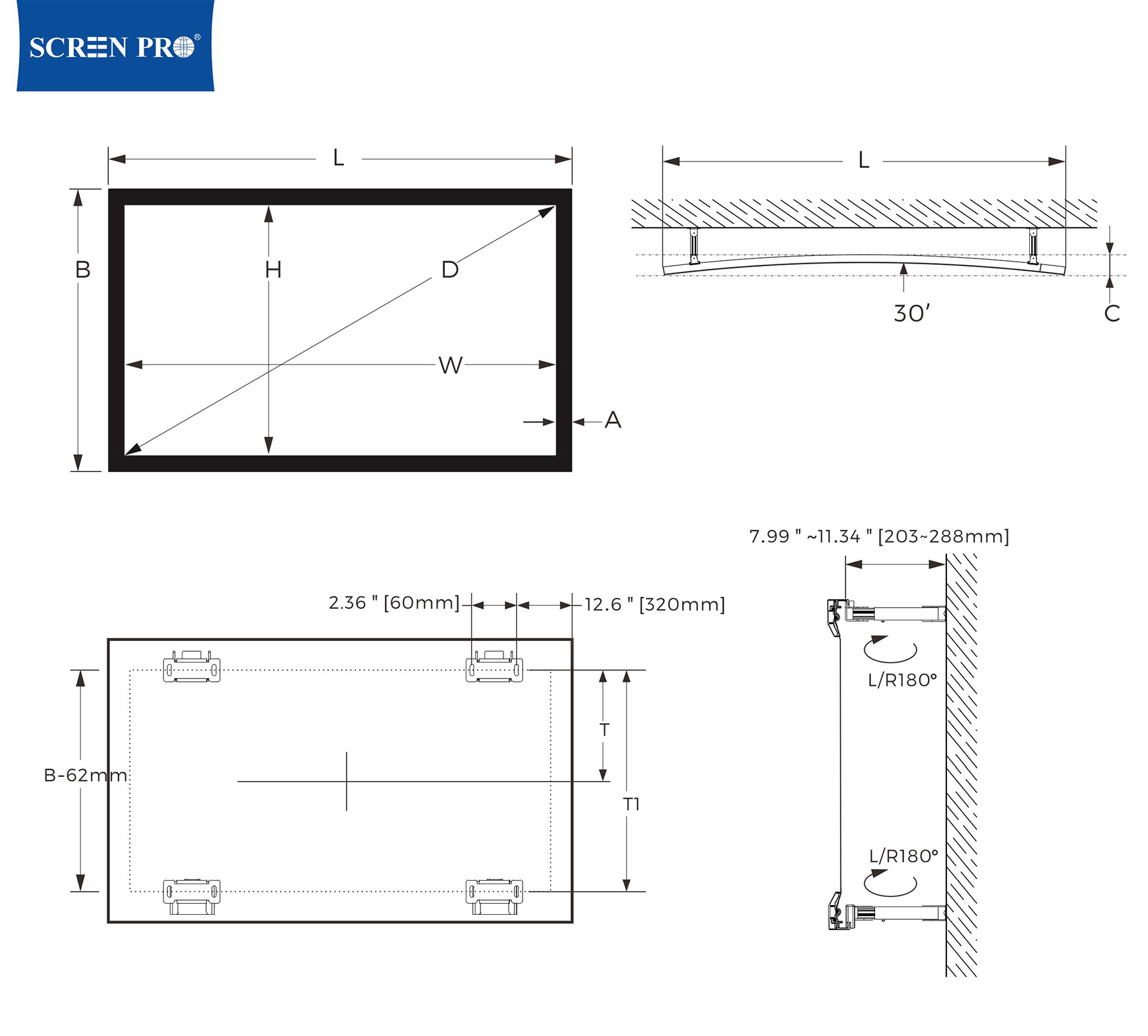 SCREENPRO Fixed Frame Curved Screen dimension diagram
