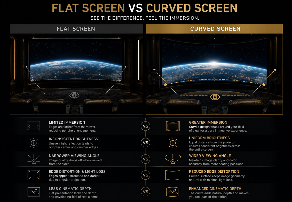 Flat screen vs curved screen comparison for immersive viewing
