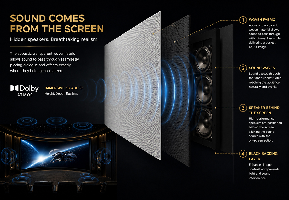 hidden speaker structure behind SCREENPRO woven acoustic transparent projection screen for Dolby Atmos home theater