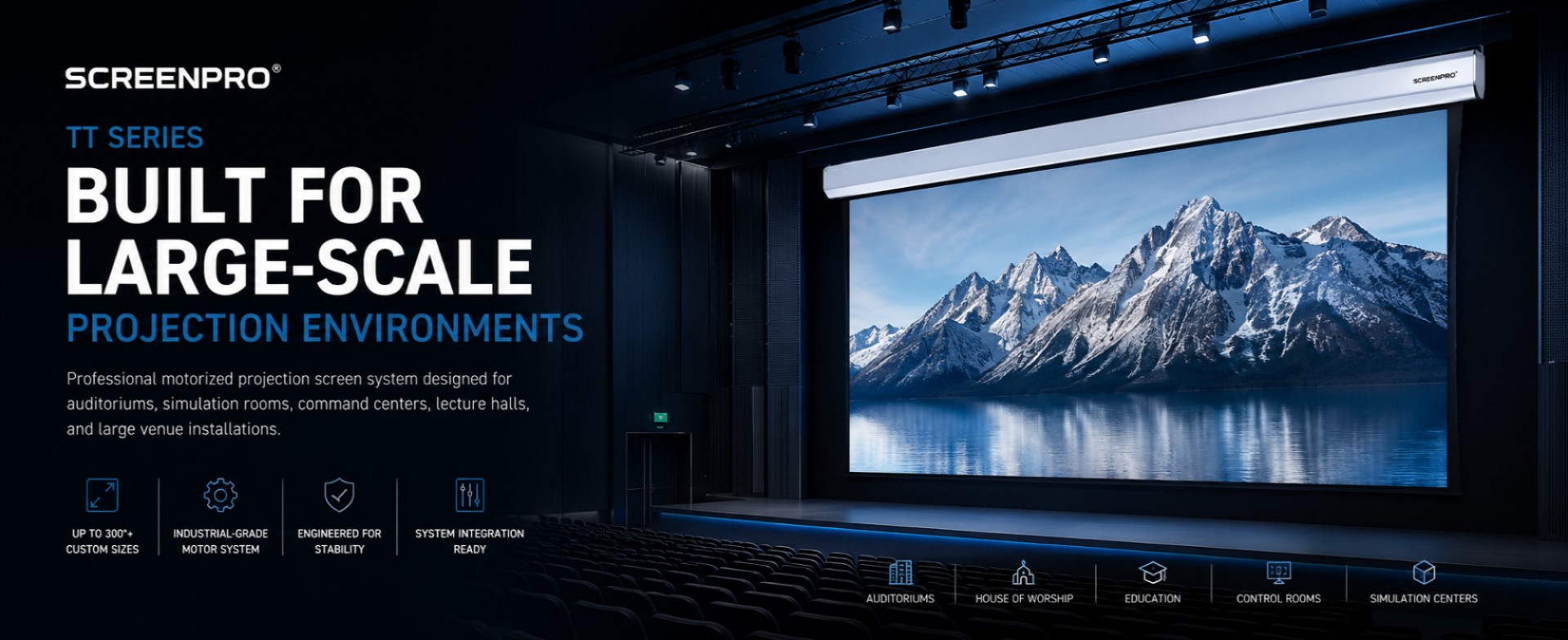 alt="SCREENPRO TT Series large venue motorized projector screen"
