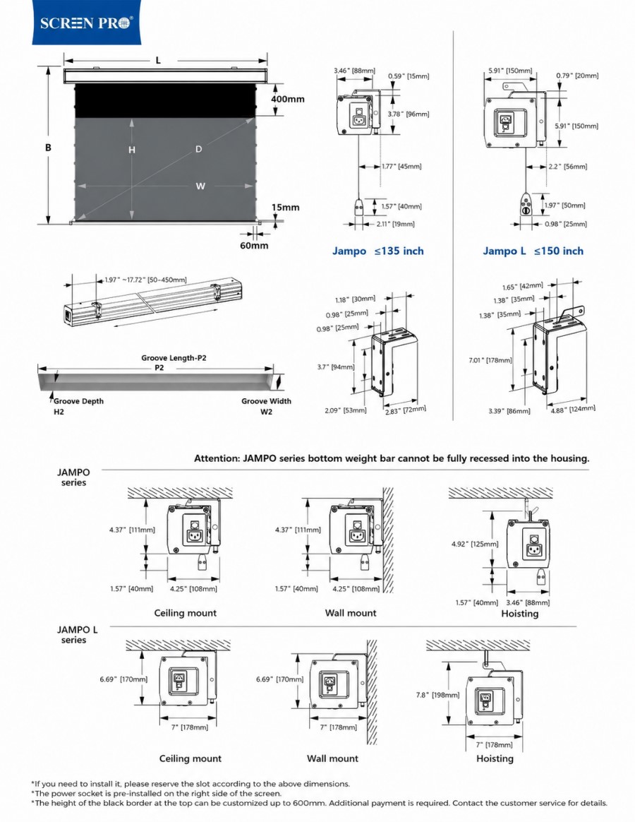 SCREENPRO TJ-3C motorized projection screen dimension diagram