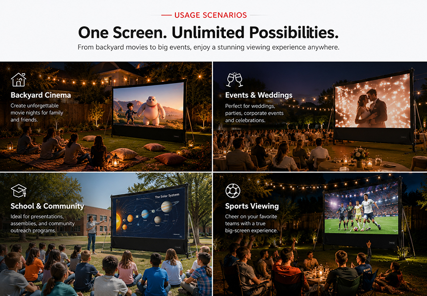 SCREENPRO portable outdoor projector screen with stand for indoor presentations and outdoor movie nights