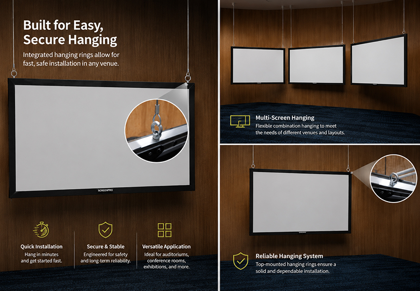 SCREENPRO portable fast folding projector screen for backyard cinema, suspended event setup and outdoor gatherings