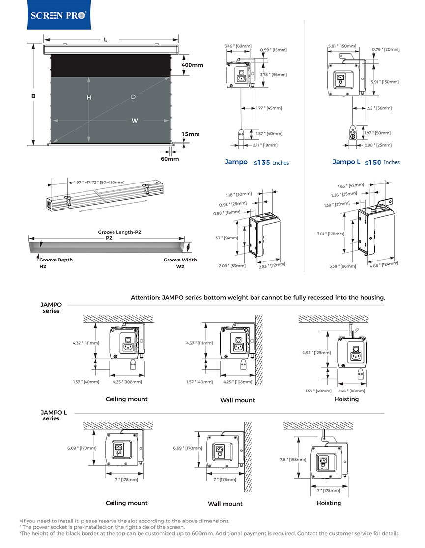 SCREENPRO Motorized ALR Screen for UST AJ dimension diagram