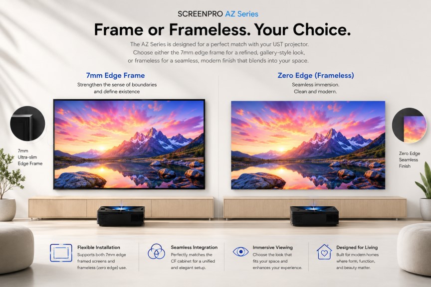 SCREENPRO slim frame and frameless UST ALR projector screen wall installation comparison