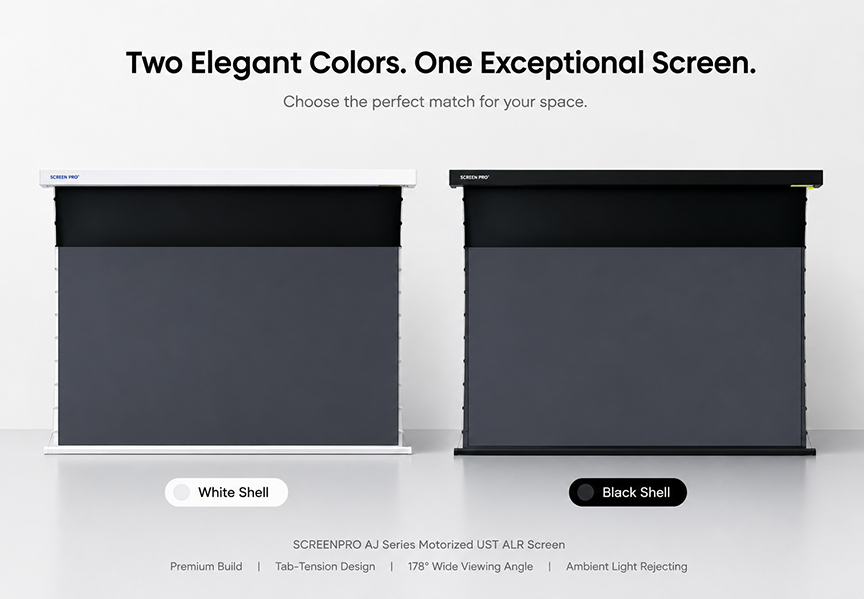SCREENPRO AJ Series wall-mounted motorized tab-tension UST ALR projector screen available in black and white casing