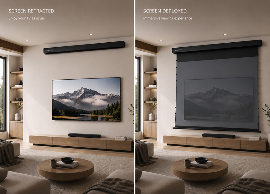 SCREENPRO AJ rollable wall-mounted UST ALR screen for ceiling installed ultra short throw projector