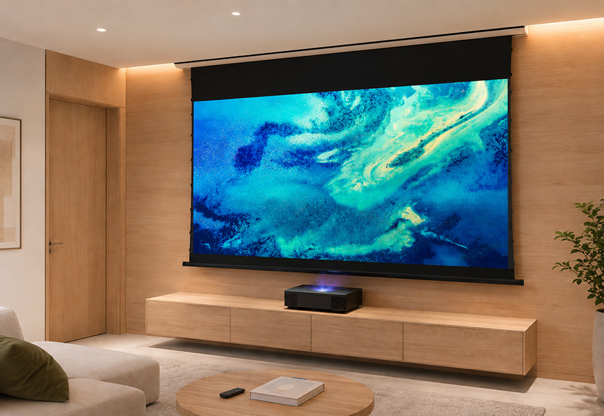 SCREENPRO AJ Series UST ALR projector screen features for Hisense Epson Samsung Formovie AWOL Vision and XGIMI laser TV