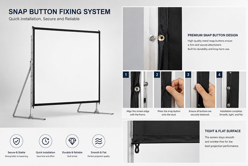 SCREENPRO snap button fixing system for quick fold projector screen fabric installation