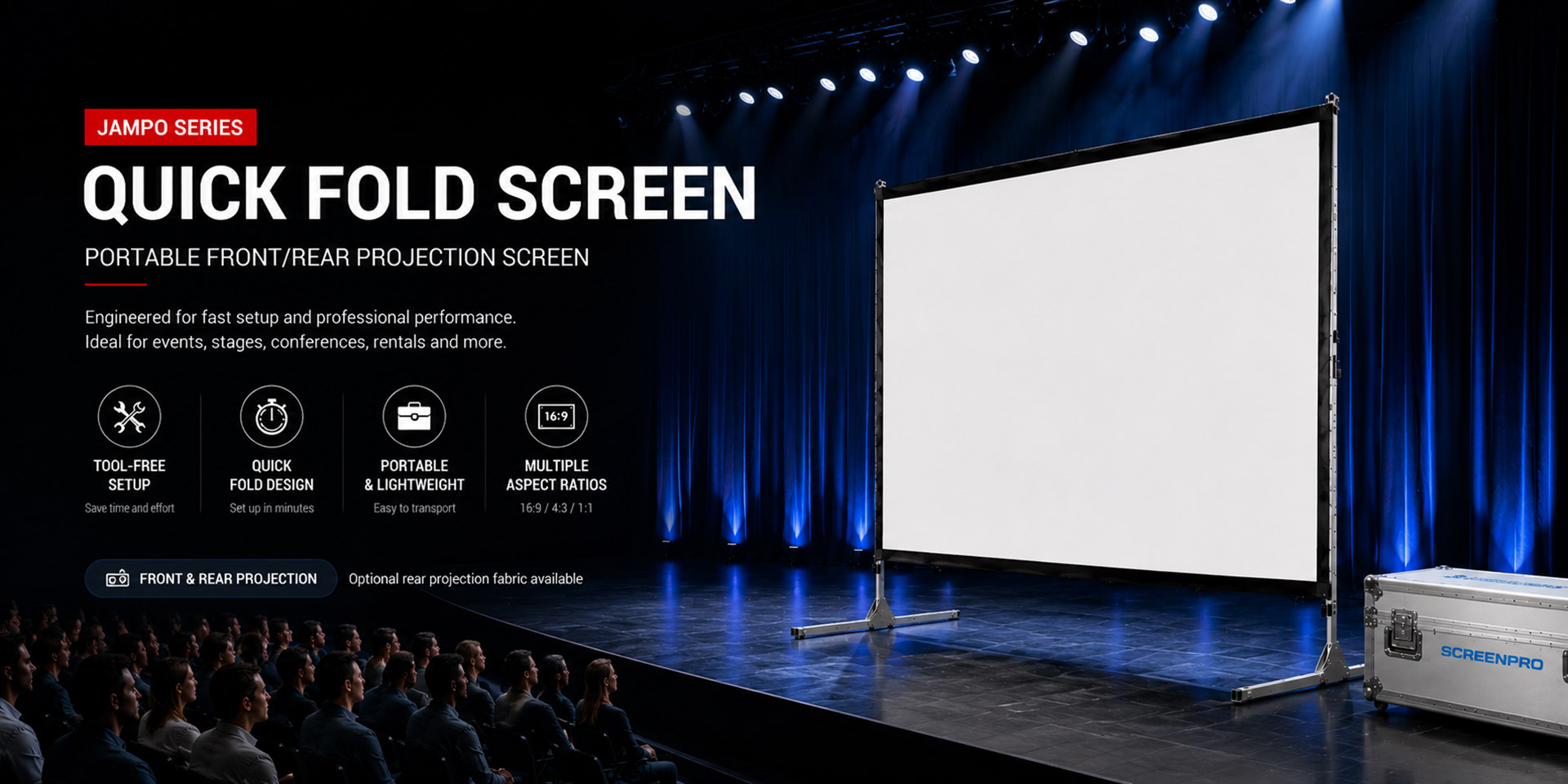 SCREENPRO Jampo Series quick fold projection screen for stage event front and rear projection
