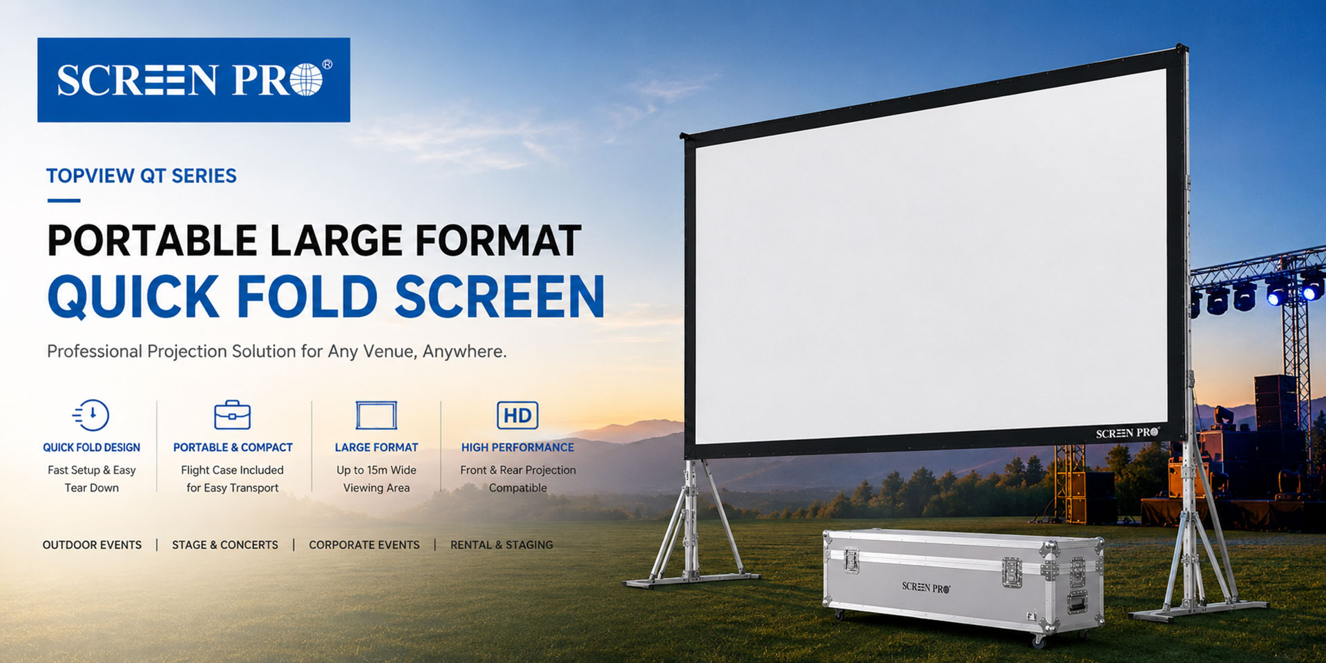 SCREENPRO Topview Series QT-15 quick fold projection screen for outdoor event stage and rental applications