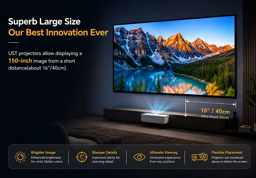 SCREENPRO 150 inch UST ALR fixed frame projector screen compatible with Samsung BenQ Epson LG Optoma Sony ViewSonic laser projectors