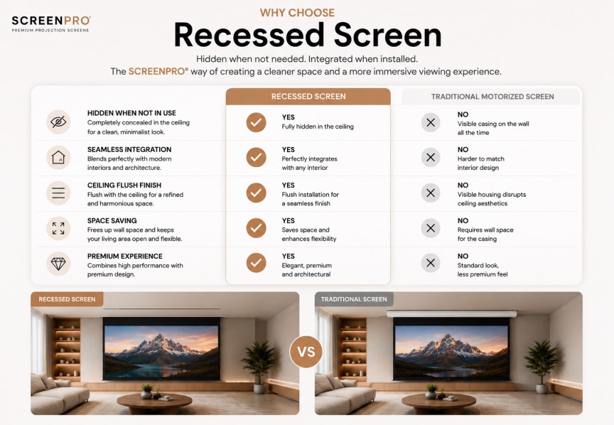 Why choose SCREENPRO recessed ceiling projector screen compared with traditional motorized projector screen