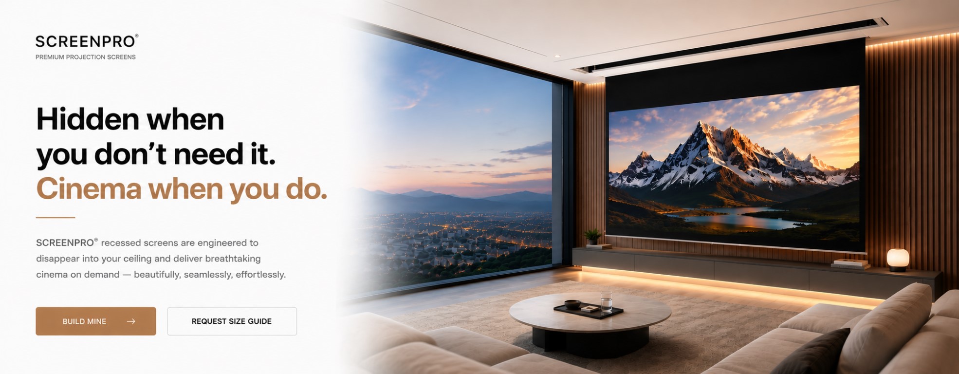 SCREENPRO recessed ceiling projector screen with motorized long throw ALR surface for 4K and 8K home theater systems