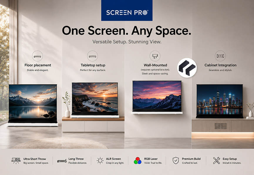 SCREENPRO motorized floor rising ALR projector screen installation options floor placement tabletop wall mounted cabinet integration