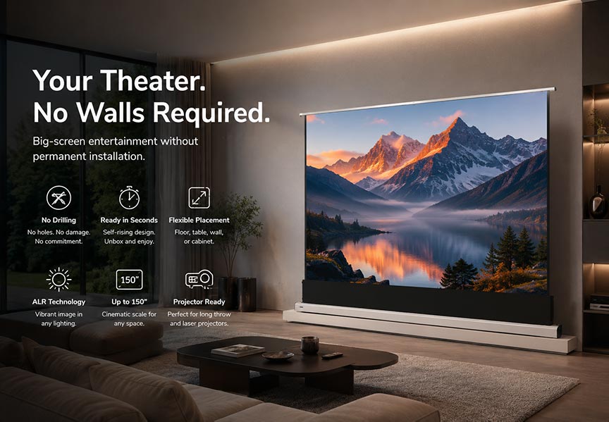 SCREENPRO self rising ALR projector screen placed in front of a window for no-install home theater