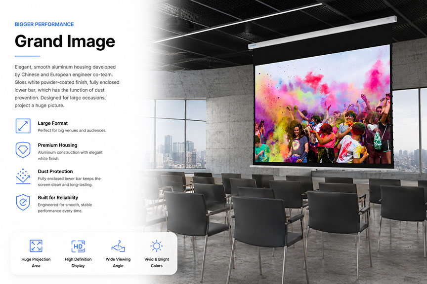 SCREENPRO commercial motorized projector screen installed in auditorium and conference venue