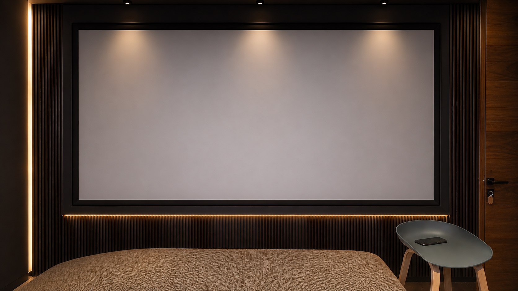 SCREENPRO woven acoustic transparent projection screen in luxury home theater room