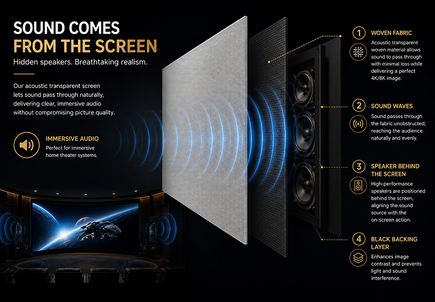 hidden speaker structure behind SCREENPRO woven acoustic transparent projection screen for Dolby Atmos home theater