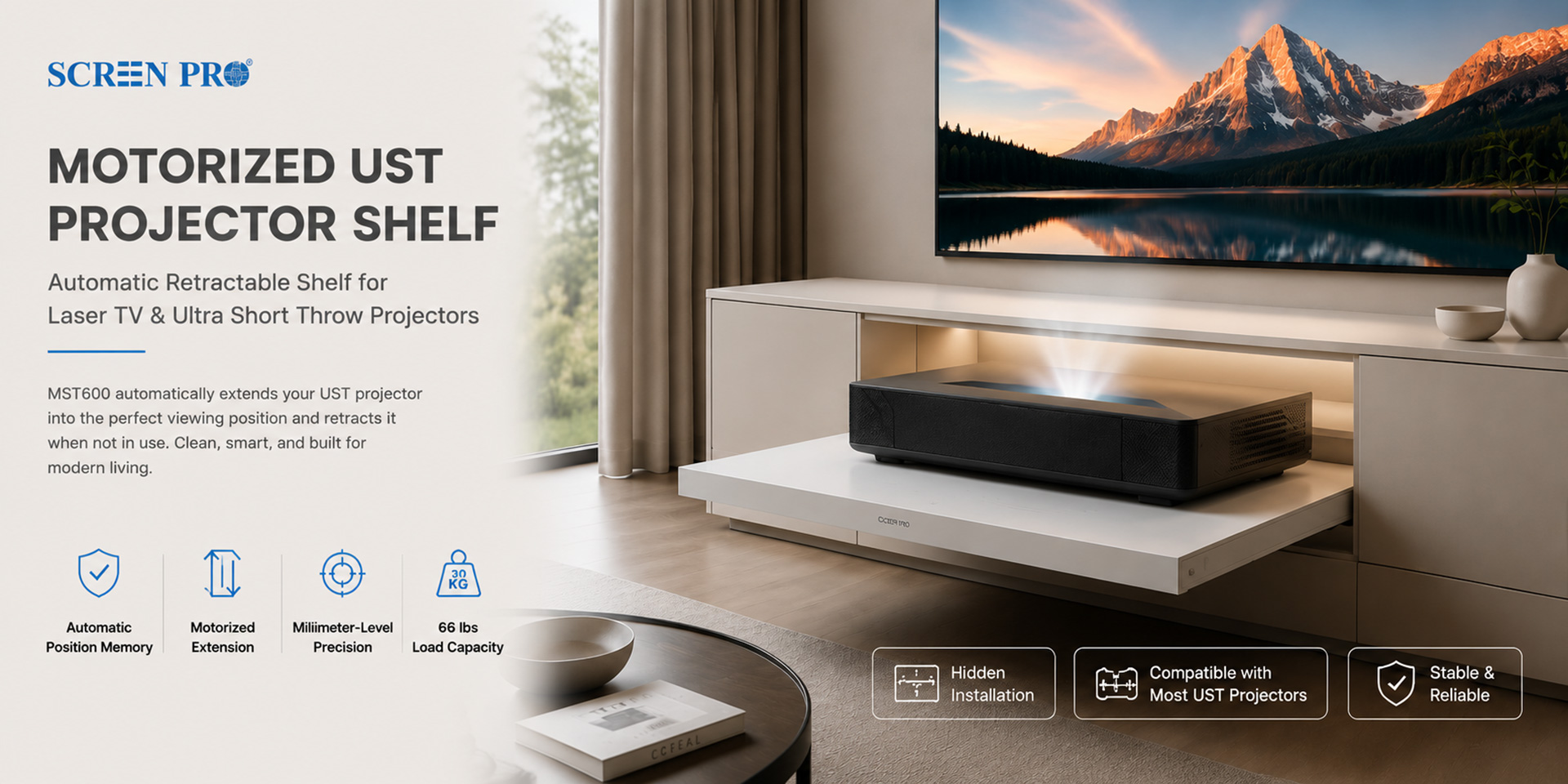SCREENPRO MST600 motorized UST projector shelf extending from a Laser TV cabinet