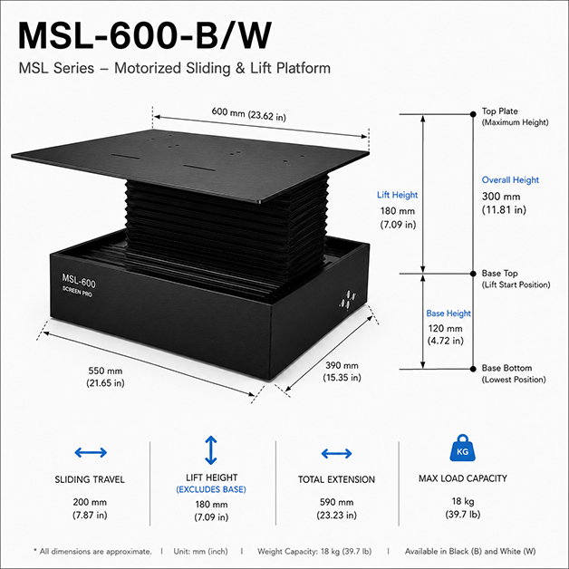 MSL-600 Motorized Sliding & Lift Platform for Laser TV & UST Projectors | SCREENPRO