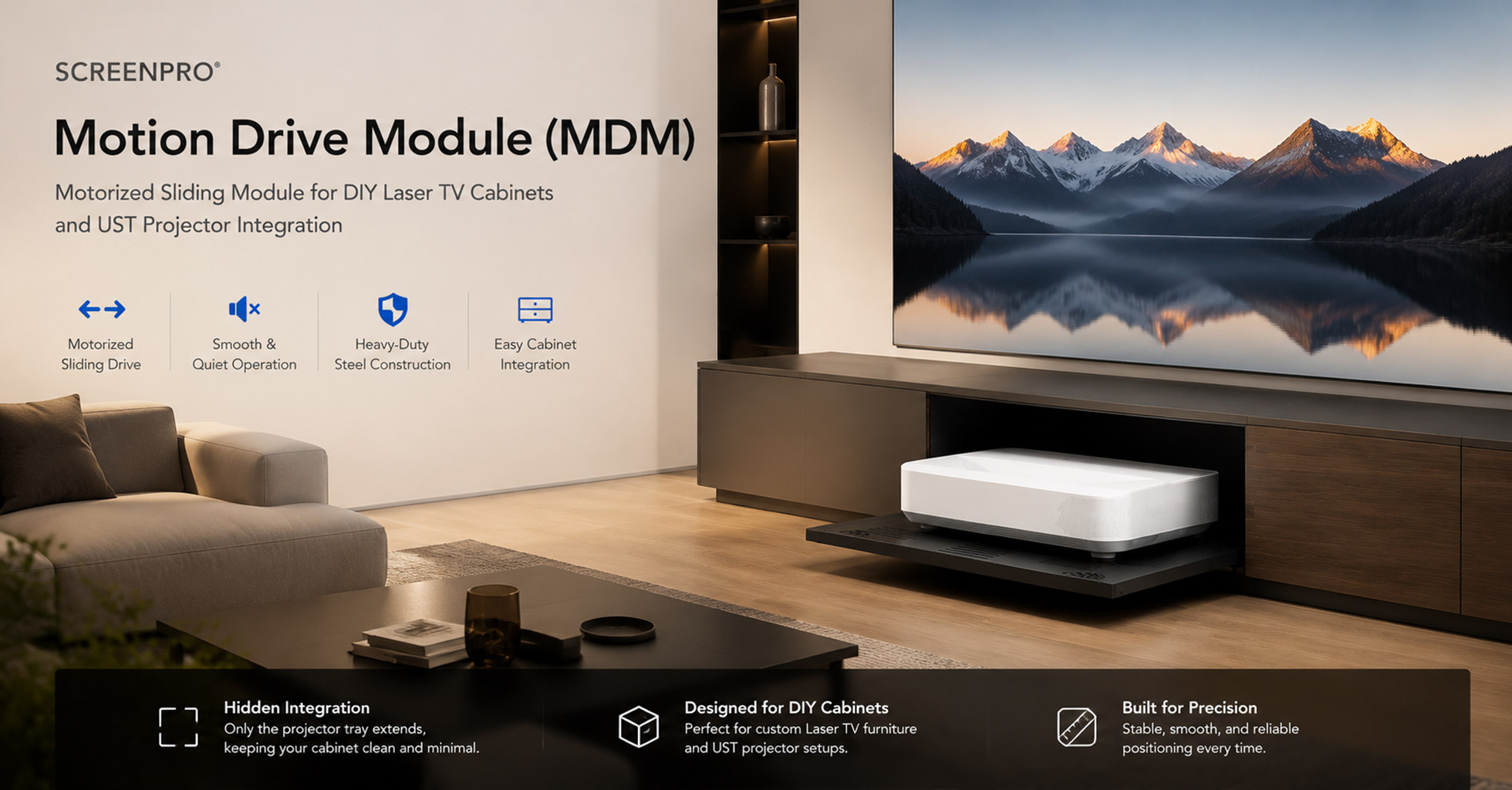 SCREENPRO Motion Drive Module MDM motorized sliding platform for DIY Laser TV cabinets and ultra-short throw projectors