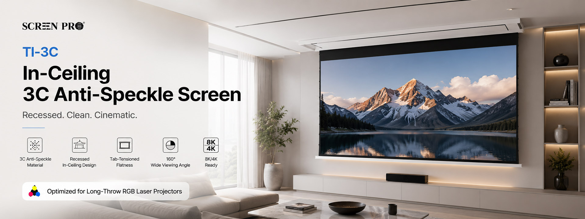 SCREENPRO TI-3C recessed in-ceiling anti-speckle projector screen for RGB triple-laser projectors
