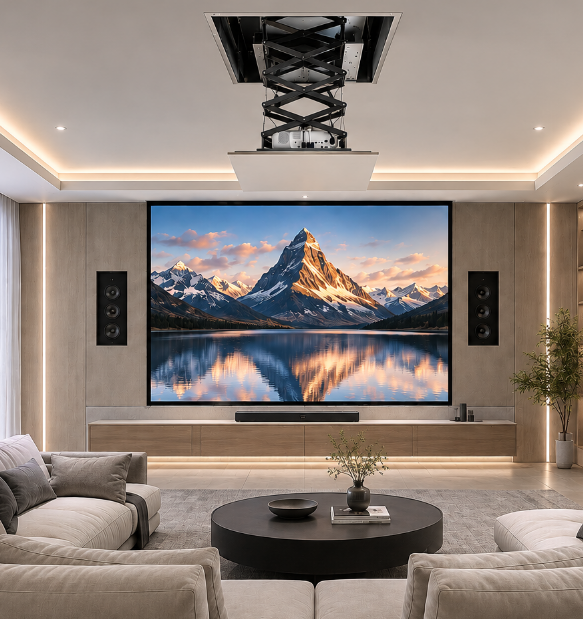 SCREENPRO TI-8K in-ceiling projector screen with optional scissor-type motorized projector lift for concealed ceiling AV integration