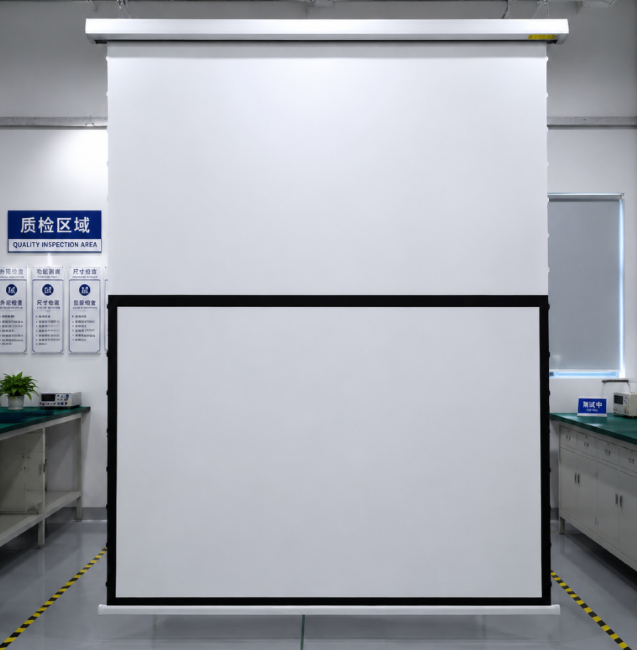 Front view of customized projector screen with white top drop and black border