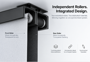 independent dual roller system for SCREENPRO motorized acoustically transparent projector screen