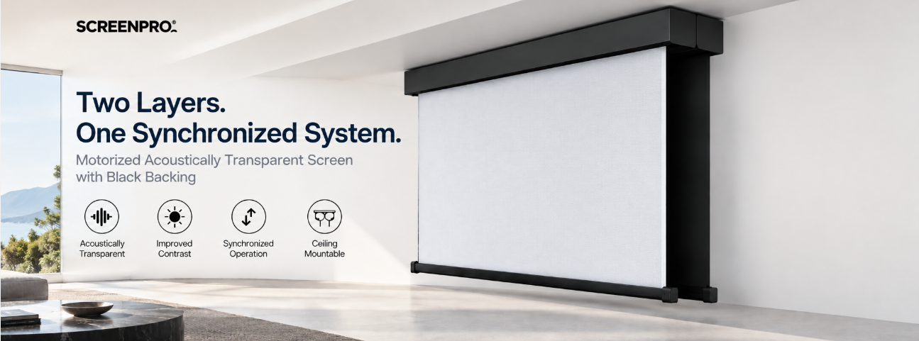 SCREENPRO dual-layer motorized acoustically transparent projector screen with black acoustic backing