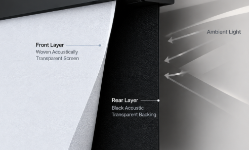 separate black acoustically transparent backing screen behind SCREENPRO woven projection screen